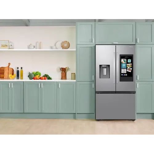 Stylish French door refrigerator featuring two wide, double doors that open to reveal spacious shelves for fresh food storage, with a bottom freezer compartment for easy access to frozen items.