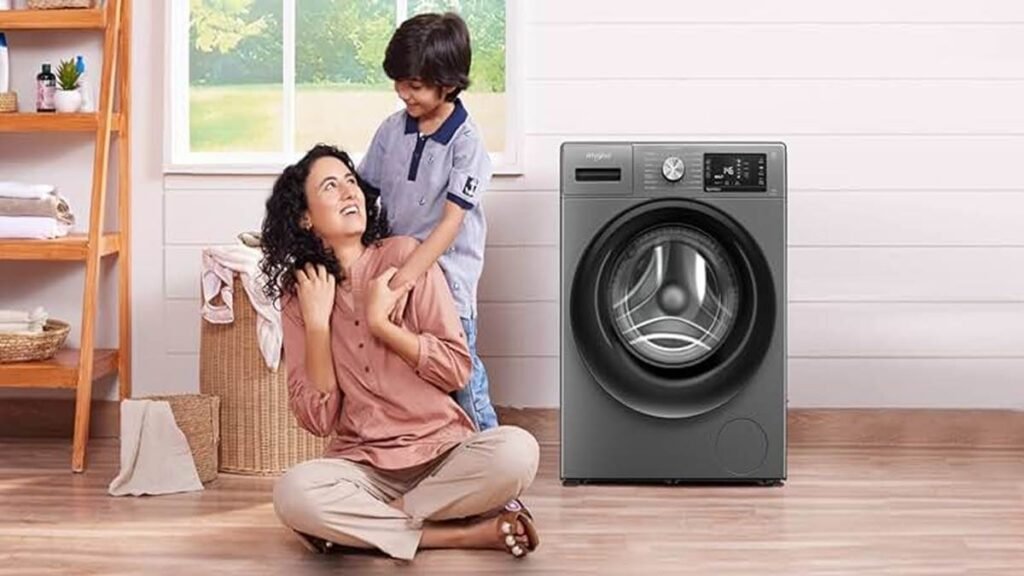 Modern fully automatic washing machine in a stylish laundry room, showcasing its sleek design and user-friendly interface