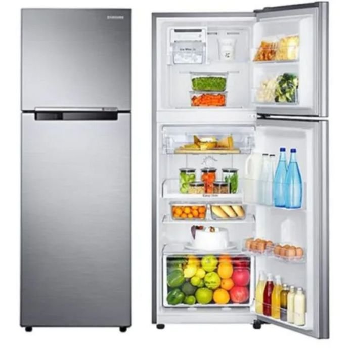 A comparison image featuring a double door refrigerator with a top freezer and bottom fridge compartment alongside a sleek side-by-side refrigerator with two vertical compartments, both displayed in a modern kitchen setting.