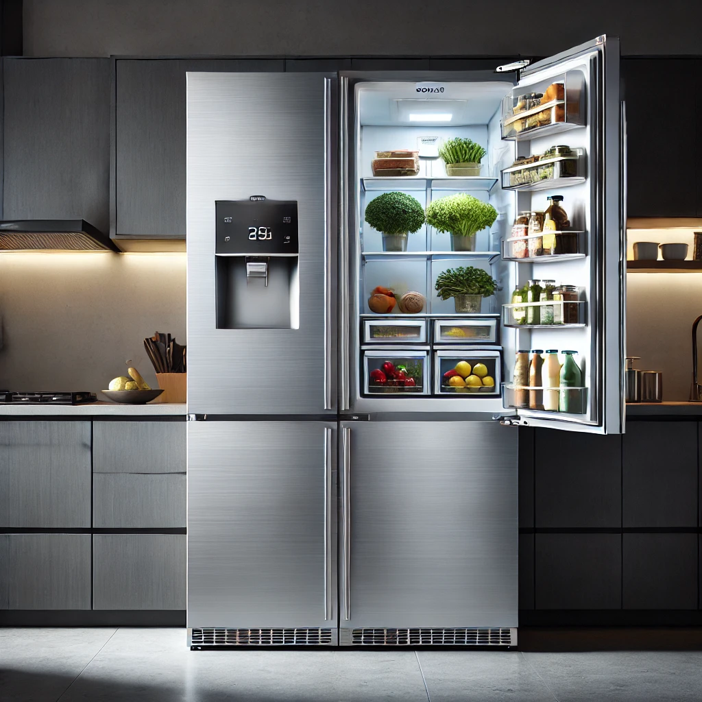 Voltas Beko side-by-side refrigerator with a glossy white finish, featuring two vertical doors, a built-in water and ice dispenser, and digital controls, displayed in a modern kitchen setting.