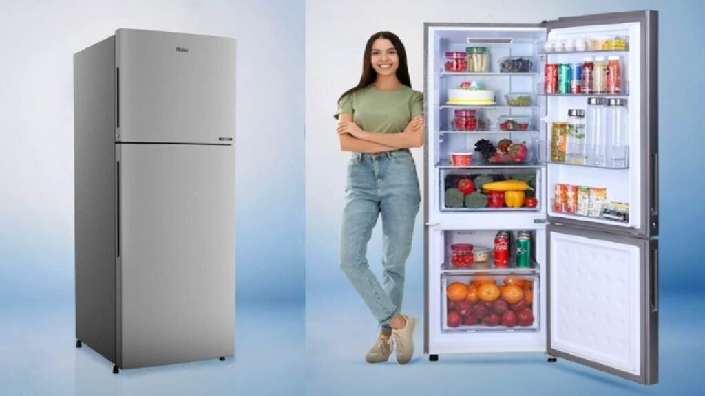 Haier single door fridge with a sleek, compact design, featuring a modern exterior, ample interior storage, and energy-efficient technology, ideal for small kitchens or spaces.