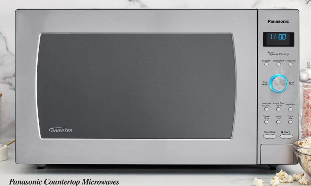 A modern Panasonic countertop microwave in a stylish kitchen setting, showcasing its sleek design and user-friendly controls, with food being prepared inside.