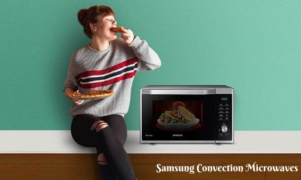 Samsung convection microwave oven with a sleek design and user-friendly interface in a modern kitchen.