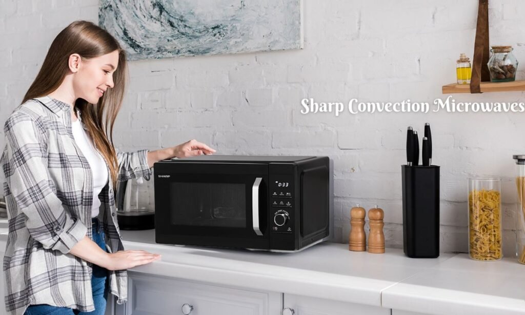 Sharp convection microwave in a modern kitchen setting, showcasing its sleek design and user-friendly controls.