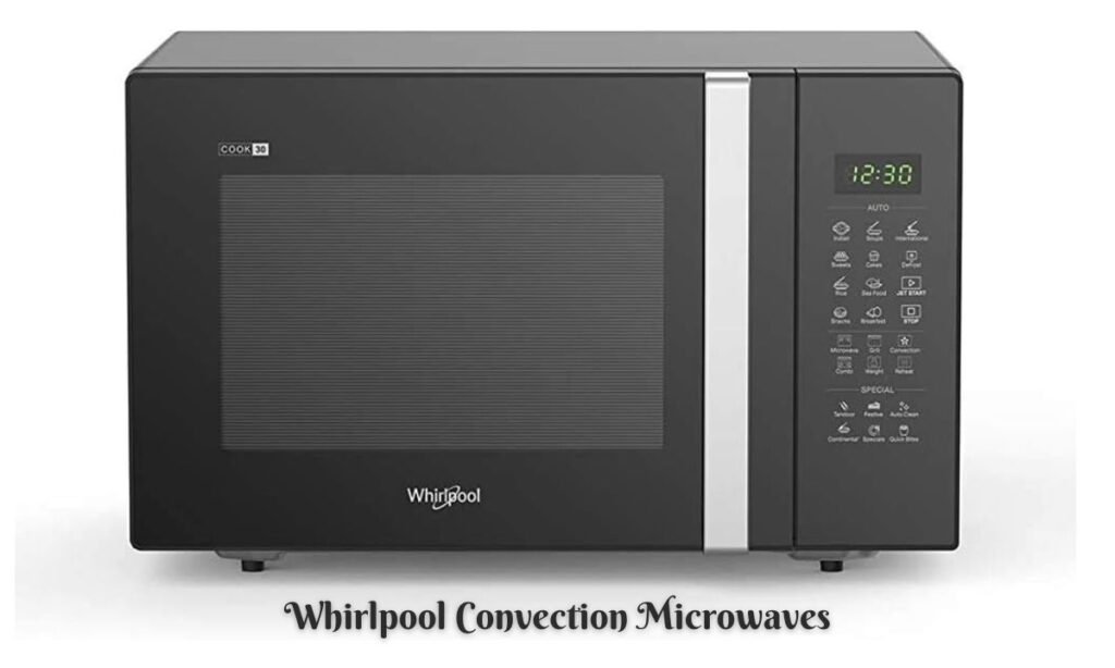 Whirlpool convection microwave on a kitchen counter, highlighting its sleek design and modern control panel.