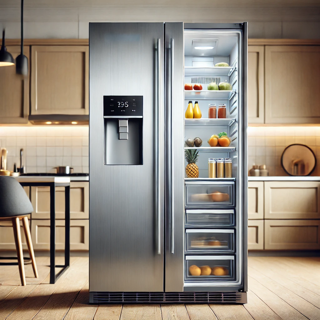 Panasonic side-by-side refrigerator with a sleek stainless steel finish, featuring two vertical doors, a built-in water and ice dispenser, smart digital controls, and spacious interior storage, set in a modern kitchen." Panasonic side-by-side refrigerator with a sleek stainless steel finish, featuring two vertical doors, a built-in water and ice dispenser, smart digital controls, and spacious interior storage, set in a modern kitchen.