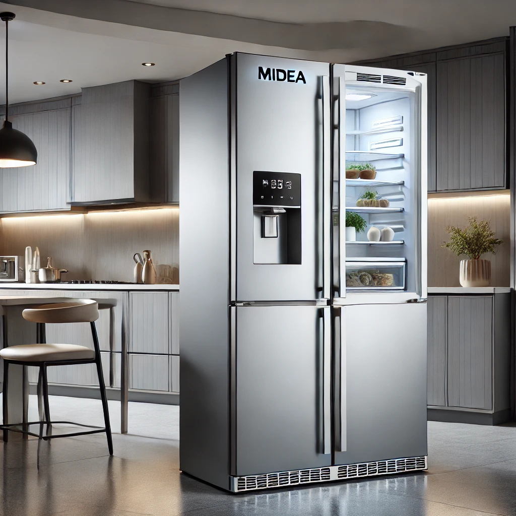 Midea double door refrigerator with a sleek silver finish, top freezer, adjustable shelves, and digital controls in a modern kitchen.