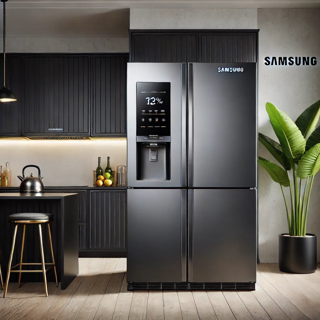 Samsung side-by-side refrigerator with a black stainless steel finish, featuring two doors, a built-in water and ice dispenser, digital controls, and adjustable glass shelving in a modern kitchen setting.