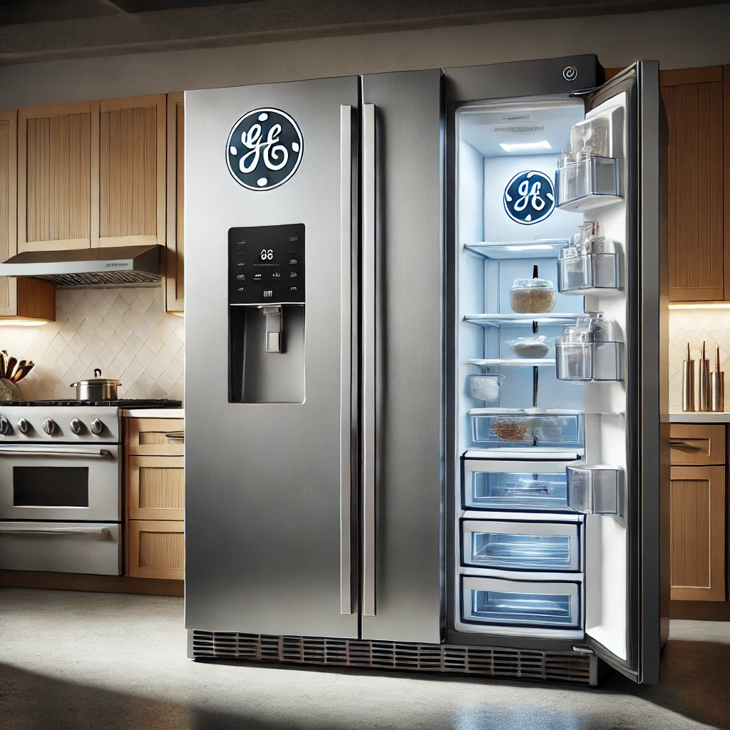 GE side-by-side fridge with stainless steel finish, water and ice dispenser, and spacious interior in a modern kitchen.