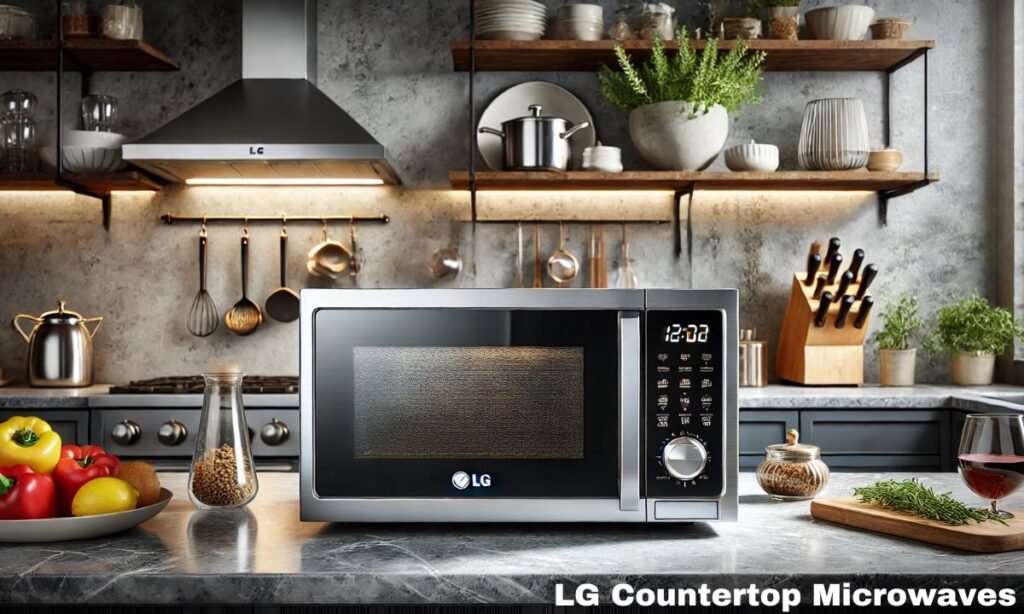 LG countertop microwave in a modern kitchen setting, showcasing its sleek design and user-friendly controls.