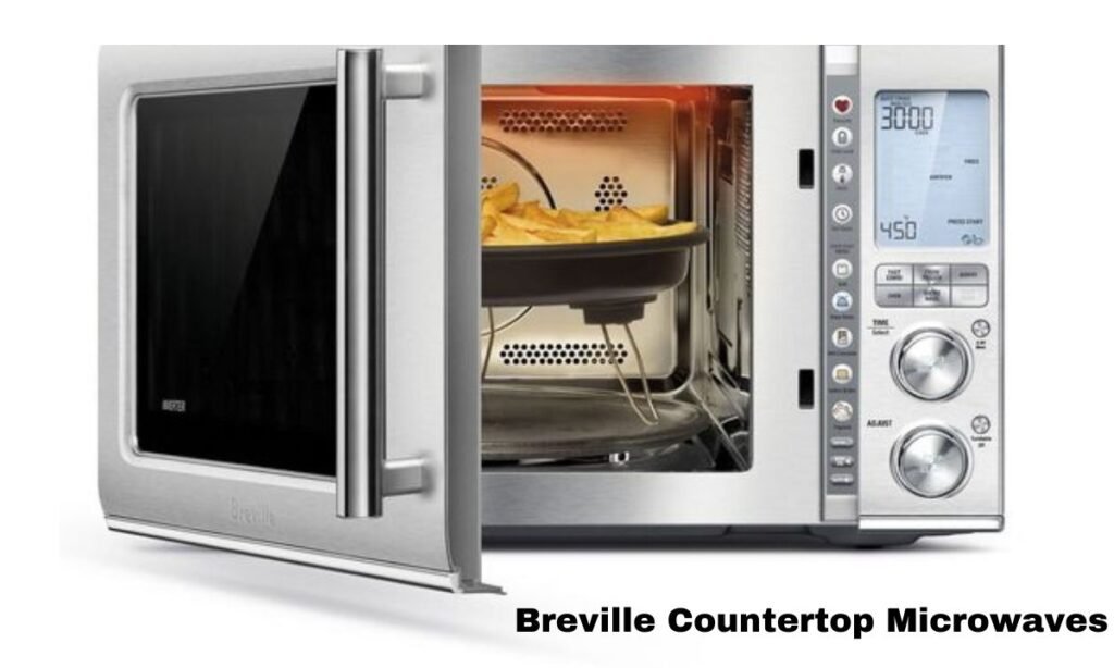 Close-up of a Breville countertop microwave with sleek stainless steel design and intuitive LCD interface.